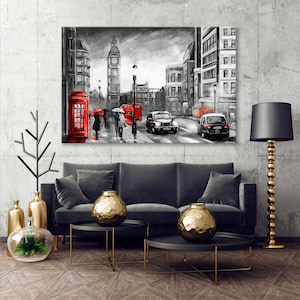 London Canvas, Black White Red Oil Painting  Art, London Black White Red Decor, Black White Red London Wall, Red Black White Decor Art