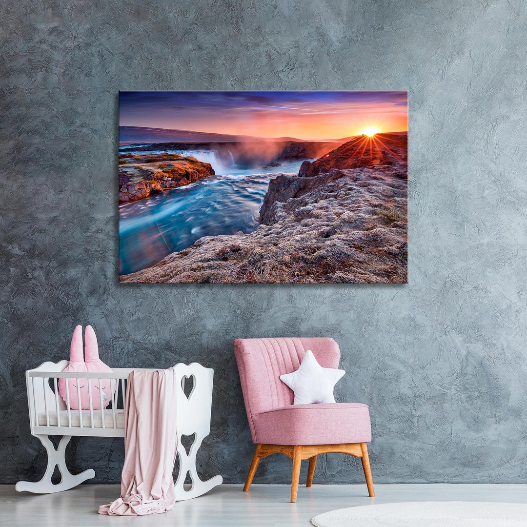 Godafoss Waterfall Canvas Art, Iceland Sunrise Landscape - Etsy