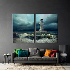 Lighthouse Canvas Print, Ocean Canvas Print, Ocean Wave Storm Wall Art, Water Wall Art, Sea Artwork, Wale Canvas Print, Big Wave Print