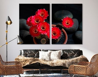 Red Cactus Flower Canvas Print, Modern Floral Wall Art