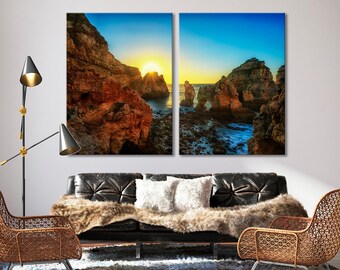 Portugal Coast Canvas Art, Sunrise Seascape, Cliffs and Rocks