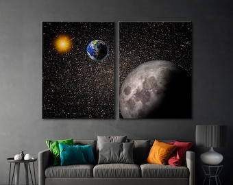 Sun Canvas Print Art, Planet Earth Decor Print, Space Wall Art, BW Moon Canvas Art, Night Wall Art, Black Decor Print, Fantasy Decor Print