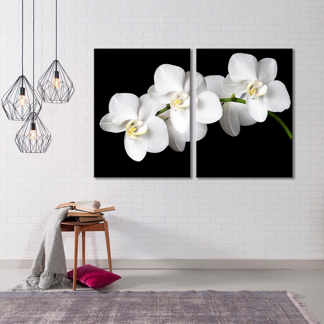 White Orchids Wall Art, Black White Canvas Print, Black Background Wall