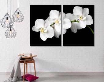 White Orchids Wall Art, Black White Canvas Print, Black Background Wall Art, White Flowers Wall Print, Flowers Canvas Print, BW Wall Art