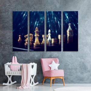 Chess Wall Art, Chessmen Decor Print, Blue Background Canvas Art, Sport Canvas Print, Blue Print Wall Art, Black Print Art, 5 Panel Canvas