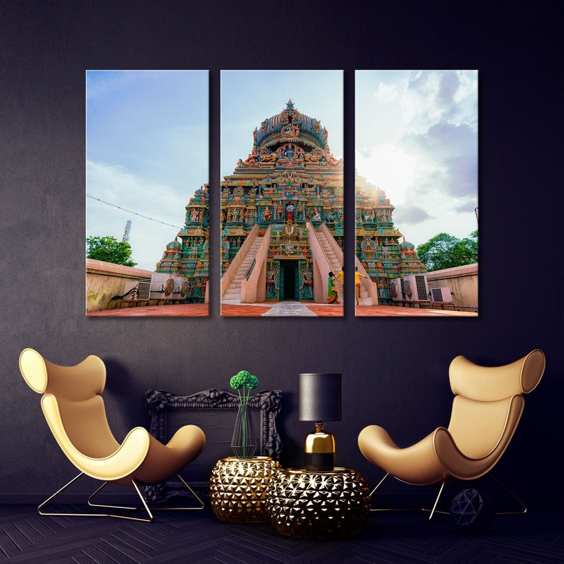 May include: A three-panel canvas print featuring a colorful Hindu temple with intricate carvings and a bright blue sky in the background.