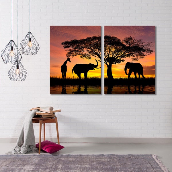 Africa Canvas Wall Art, Elephants Print Art, Tree Canvas Print, Safari Canvas Wall, Tree Canvas Art, Sunset Canvas Wall, Giraffe Canvas Art