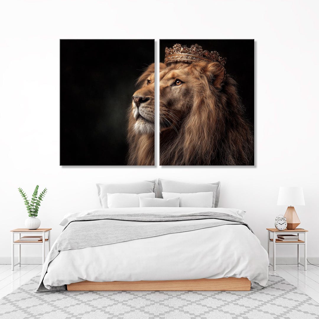 Majestic Lion King Portrait With Ornate Gold Crown | Regal Animal Wall ...
