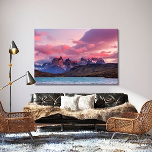 Torres Del Paine National Park Chile Decor Art, Mountains Canvas Art, Ocean Canvas Art, Purple Background Canvas Art, Colorful Sky Print