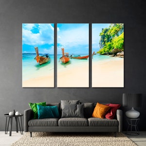 Beach Thailand Canvas Print, Ocean Canvas Print Art, Beach Wall Art , Bly Sea Artwork, Sky Wall Print Art, Fishing Boats Canvas Print Art