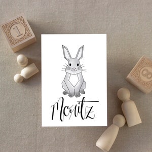Karte Hase mit Namen personalisiert, Karte für Kinder personalisiert, Grußkarte für Kinder, Postkarte mit Hase, 0