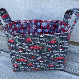 Personalized Christmas Fabric Basket: Red Truck & Plaid Storage Bin