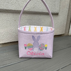 Personalized Easter Basket: Embroidered Bunny Applique, Lilac Fabric