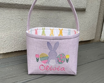 Personalized Easter Basket: Embroidered Bunny Applique, Lilac Fabric
