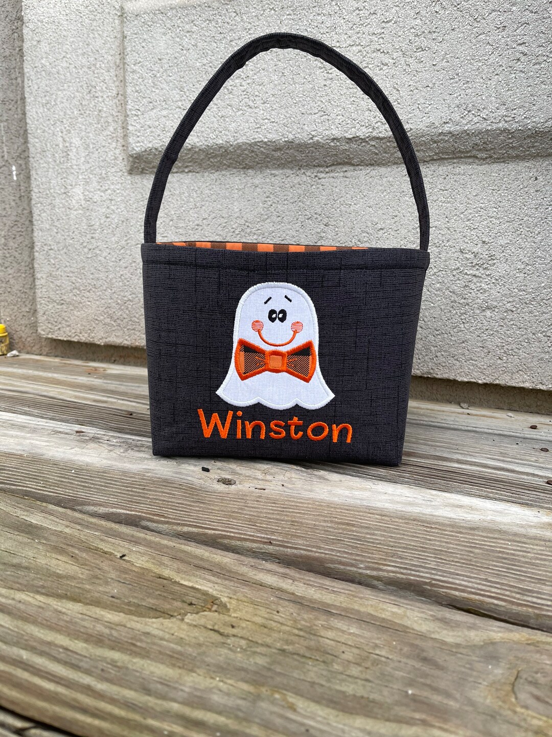 Personalized Halloween Basket
 Personalized Halloween Basket Appliqued Ghost Buffalo Check Etsy