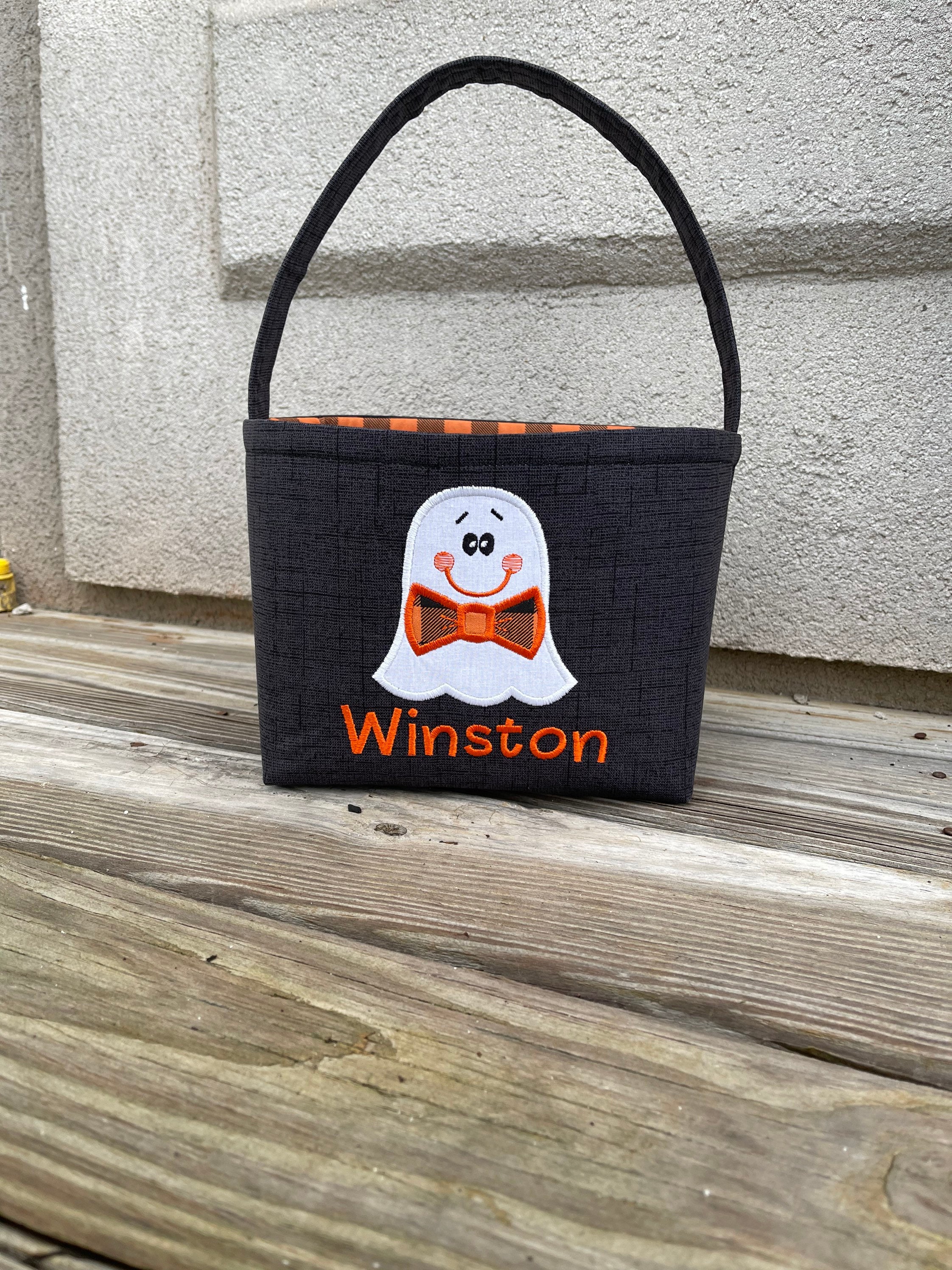 Personalized Halloween Basket Appliqued Ghost Buffalo Check Etsy