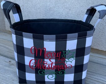 Embroidered Christmas Fabric Basket: Buffalo Plaid Gift Tote