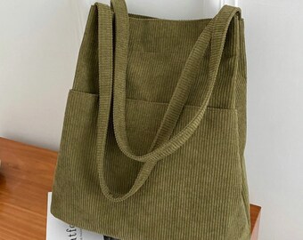 ecla studio Green/Olive Corduroy Medium Tote Bag With Two Side Pockets, Shoulder Bag, Travel Bag, Birthday Gift, School Bag, Back to School