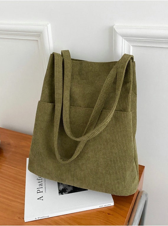 Green/olive Corduroy Medium Tote Bag With Two Side Pockets