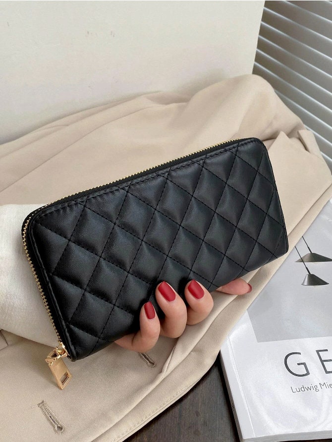 Chanel Long Wallet Round Zipper Camellia Caviar Skin Leather Black