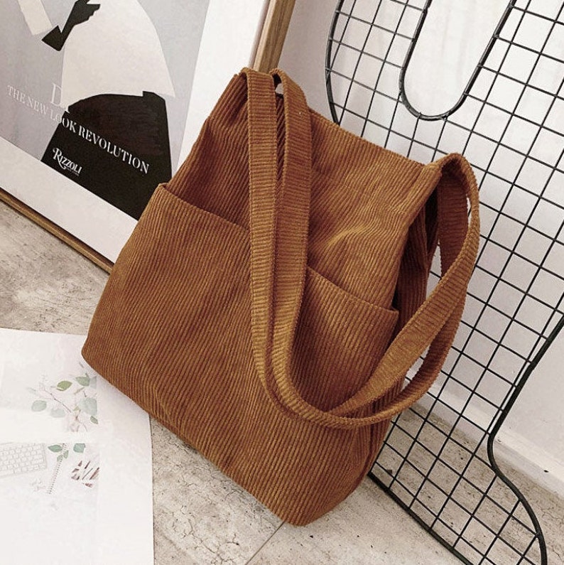 ecla studio Brown Corduroy Medium Tote Bag With Two Side Pockets, Shoulder Bag, Travel Bag, Birthday Gift, School Bag, Christmas 