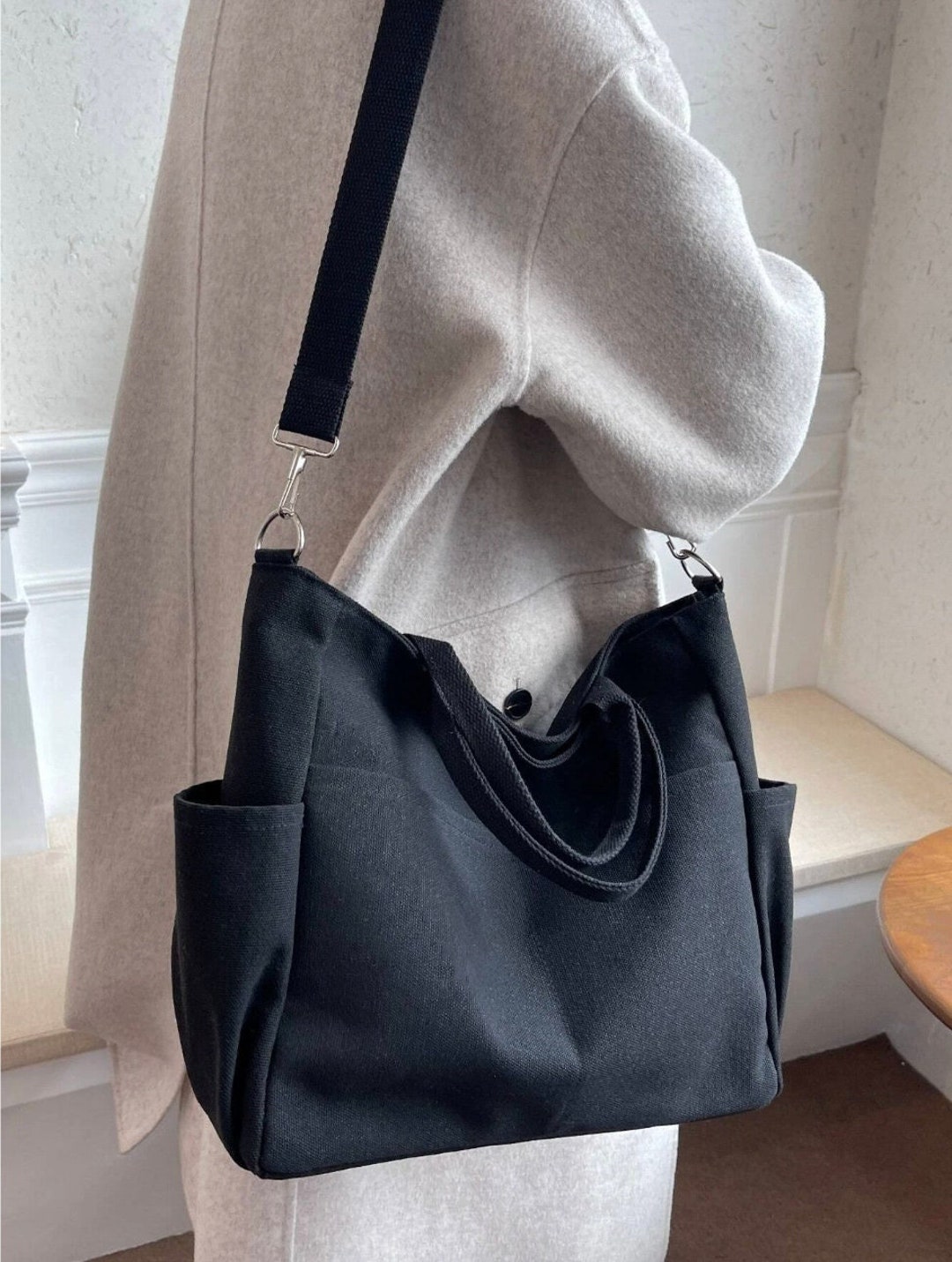 Ecla Studio Black Canvas Medium Crossbody Bag With Two Side - Etsy