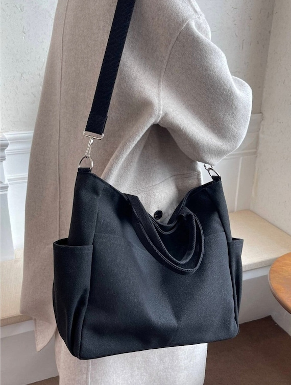 Black Canvas Medium Crossbody Bag With Two Side Pockets Shoulder