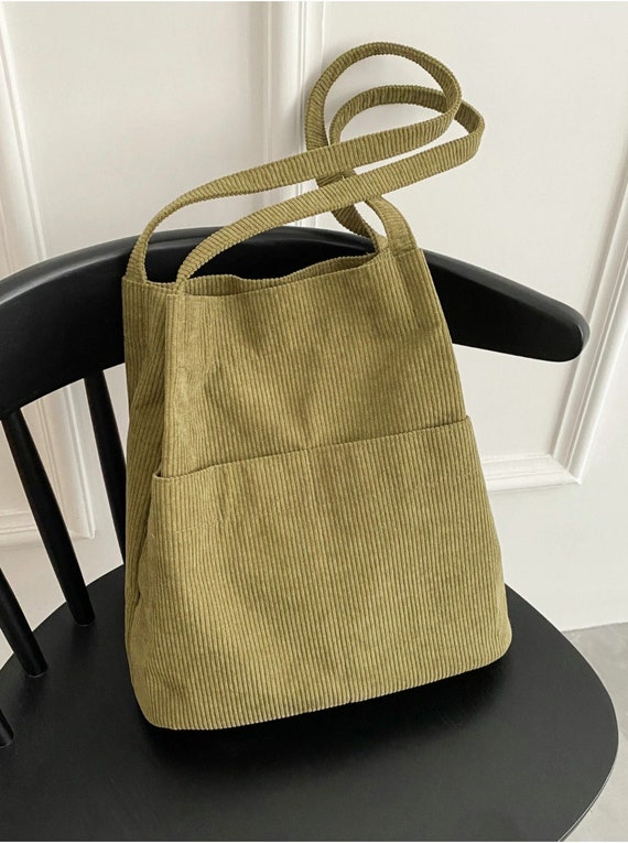 Green olive Corduroy Medium Tote Bag With Two Side Pockets