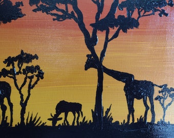 アフリカのサバンナの絵画、夕暮れの野生動物アート - Etsy 日本