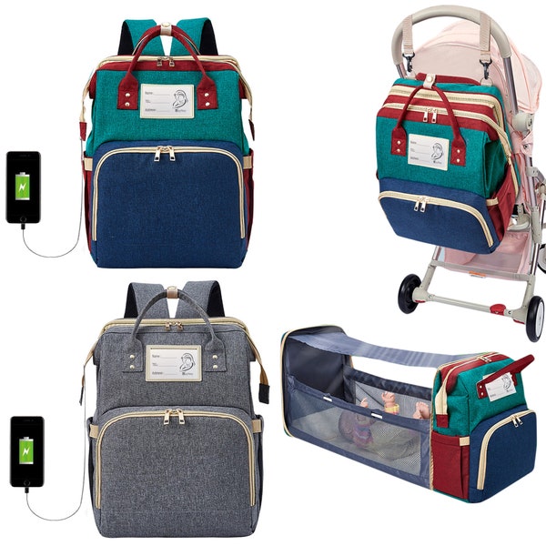 Grauer Baby Windel Rucksack - Wasserdichte Reise-Babytasche - inklusive Wickelstation, USB Ladeanschluss, Kinderwagengurte