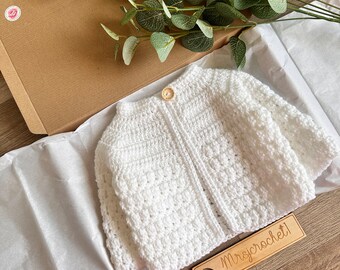 White 0-3months cardigan, Handmade baby knits. Crochet baby, white  baby cardigan. New baby. Baby shower gift. Baby gift. New born