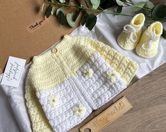 White & lemon 0-3 months cardigan set Handmade baby knits. Crochet baby, baby booties. New baby. Baby shower. Baby gift. Baby gift set