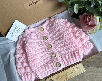 Baby Girl Pink 0-3m cardigan. Handmade crochet. New baby gift. Baby shower. Baby girl. Crochet cardigan baby knit. Bobble cardigan baby warm