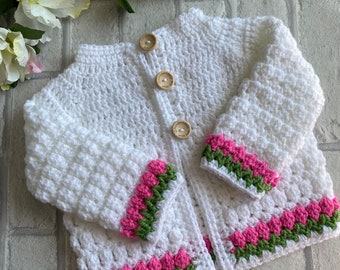 Baby Tulip cardigan. Handmade baby knits. 0-3 months. White, cardigan, baby shower,baby gift, baby crochet. Baby knit.  Flowers. Baby coat