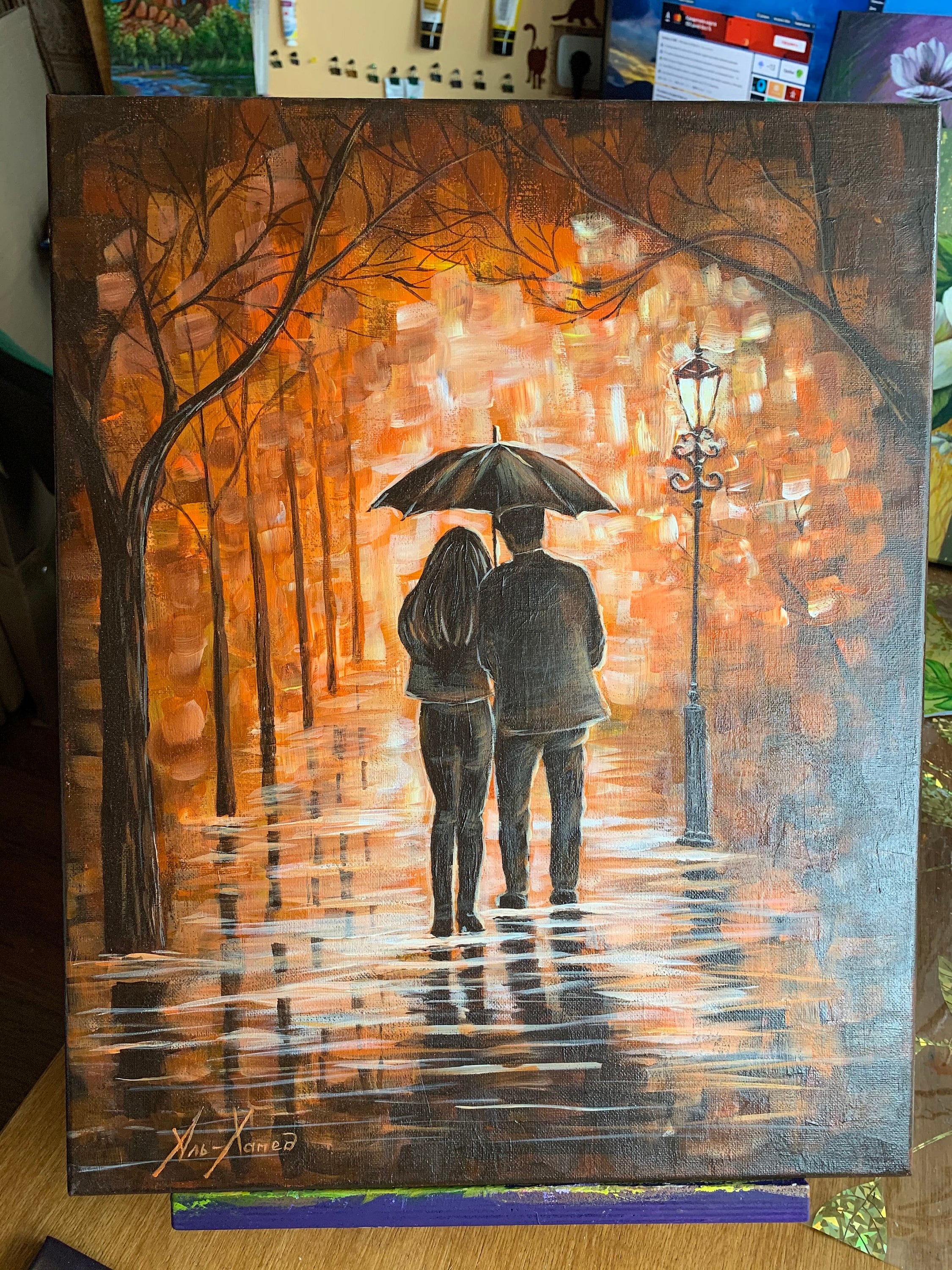 Couple under Umbrella Painting love Original Art Autumn Park | Etsy