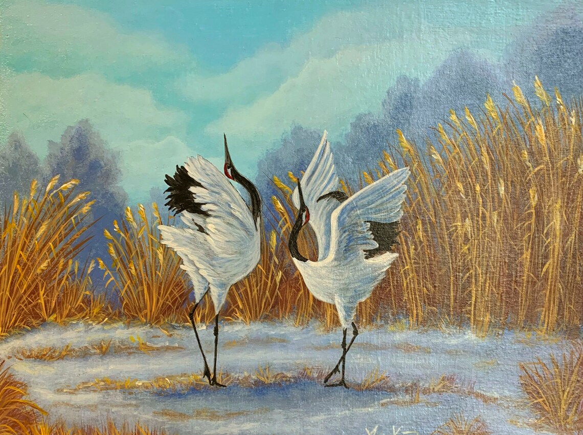 Japanese Cranes Painting Original Art Landscape With Birds Etsy