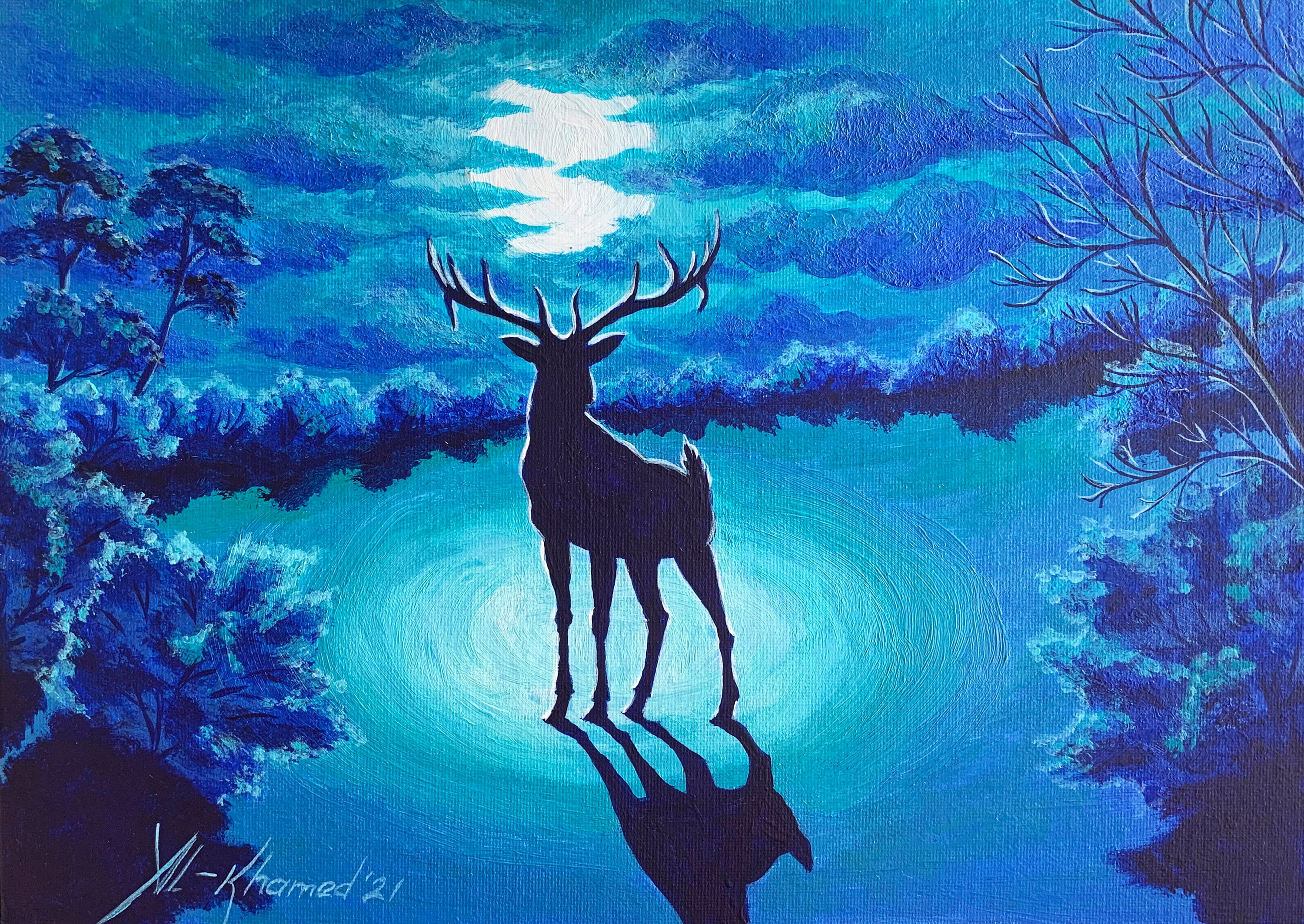 Moonlight Painting Deer Original Art Full Moon Wall Art Night Etsy