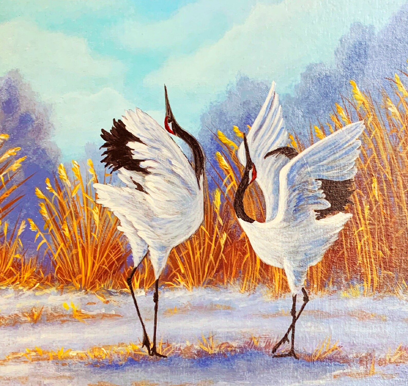 Japanese Cranes Painting Original Art Landscape With Birds Etsy