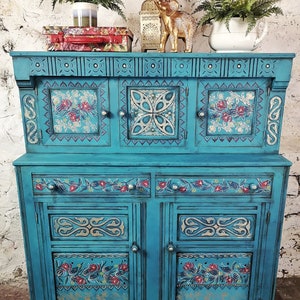 Blue folk art indian dresser with Hand Painted design cabinet quirky storage unusual furniture eclectic bohemian upcycled unique fun unit