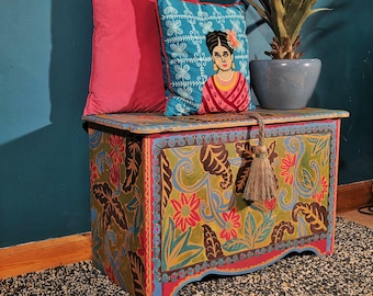Hand Painted Floral Blanket Box | Vintage Storage Trunk | Upcycled Wooden Chest Coffee Table