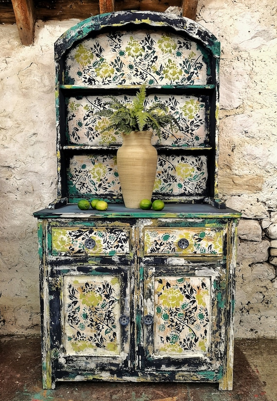 Distressed Floral Dresser Greens Blues and White Kitchen Dinning Room  Dresser Eclectic Furniture Unique Unusual Cabinet Storage Fun Shelving -  Etsy UK