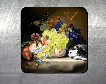 Collectible fridge magnet (Still life with grapes and a cat|3x3 inch)
