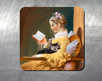 Collectible fridge magnet (A young girl reading with her cat |3x3 inch)