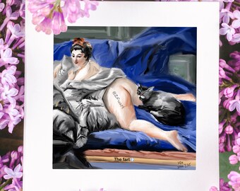 Downloadbare grappige kattenmuurkunst met een naakt.