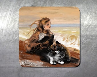 Collectible fridge magnet (The cat and her girl by shore |3x3 inch)