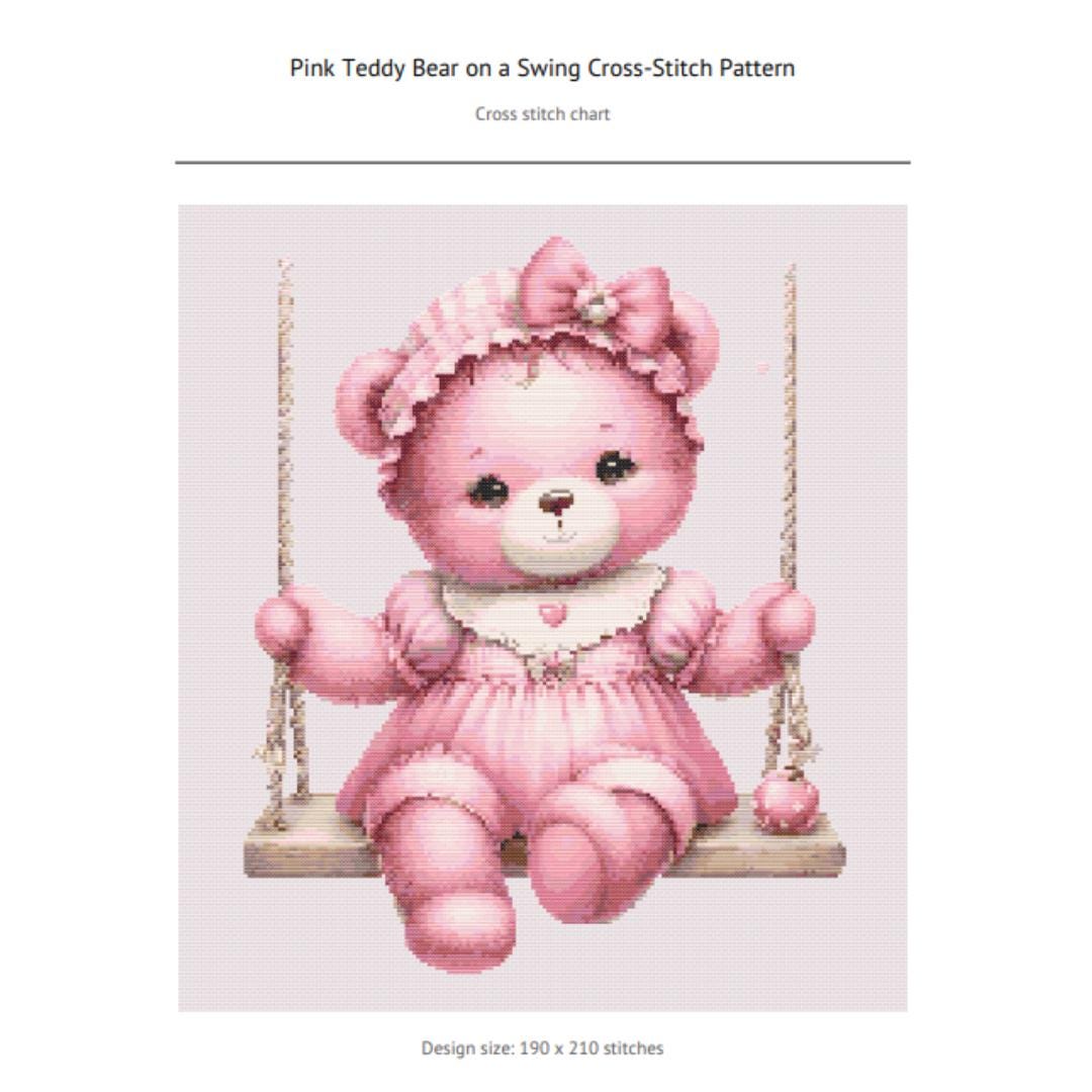 Cross Stitch Pattern - Pink Teddy Bear on a Swing.  Ideal for Baby Nursery Decor, Sentimental Gifts, or Baby Shower Projects. - Thumbnail 3