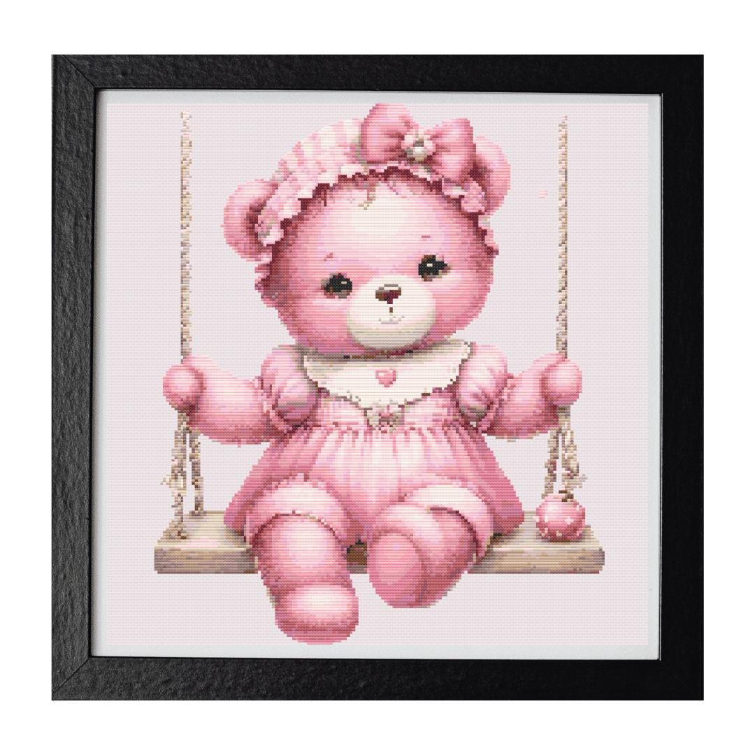 Cross Stitch Pattern - Pink Teddy Bear on a Swing.  Ideal for Baby Nursery Decor, Sentimental Gifts, or Baby Shower Projects. - Thumbnail 2