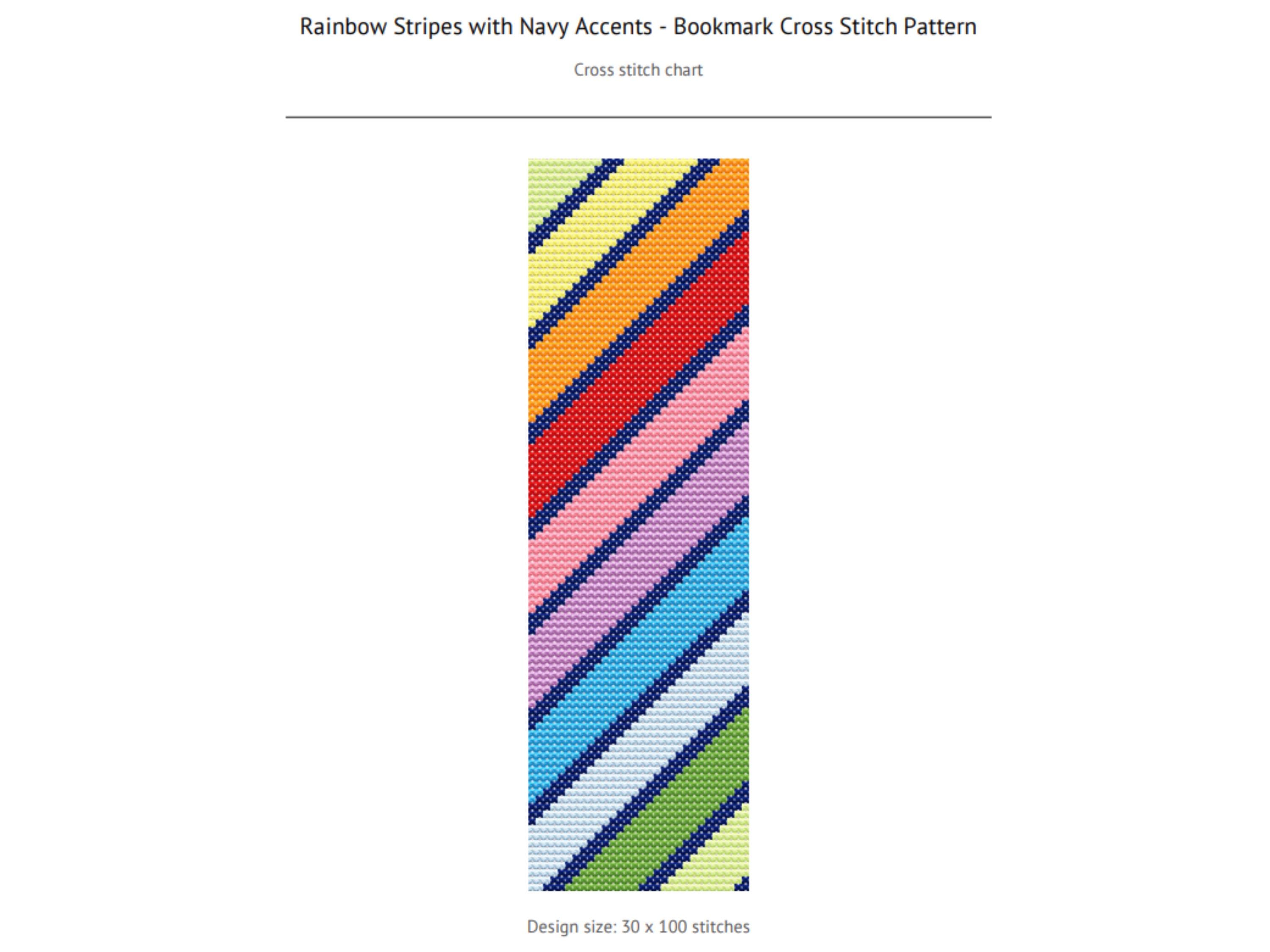 Boomark Cross Stitch Pattern, Rainbow Stripes with Navy Accents. Easy Beginner Friendly Pattern. Small Counted Cross Stitch. - Thumbnail 2