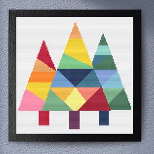 Christmas Tree Cross Stitch Pattern – Geometric Rainbow Christmas Trees – Modern Holiday Decor in Bold Colors, Small Cross Stitch Pattern.