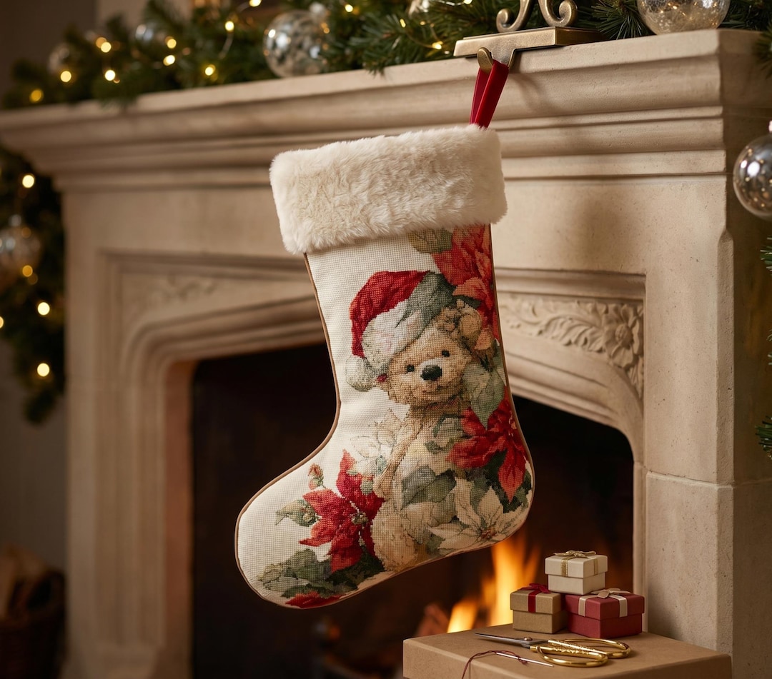 Christmas Stocking Cross Stitch Pattern – Teddy Bear in Santa Hat ...